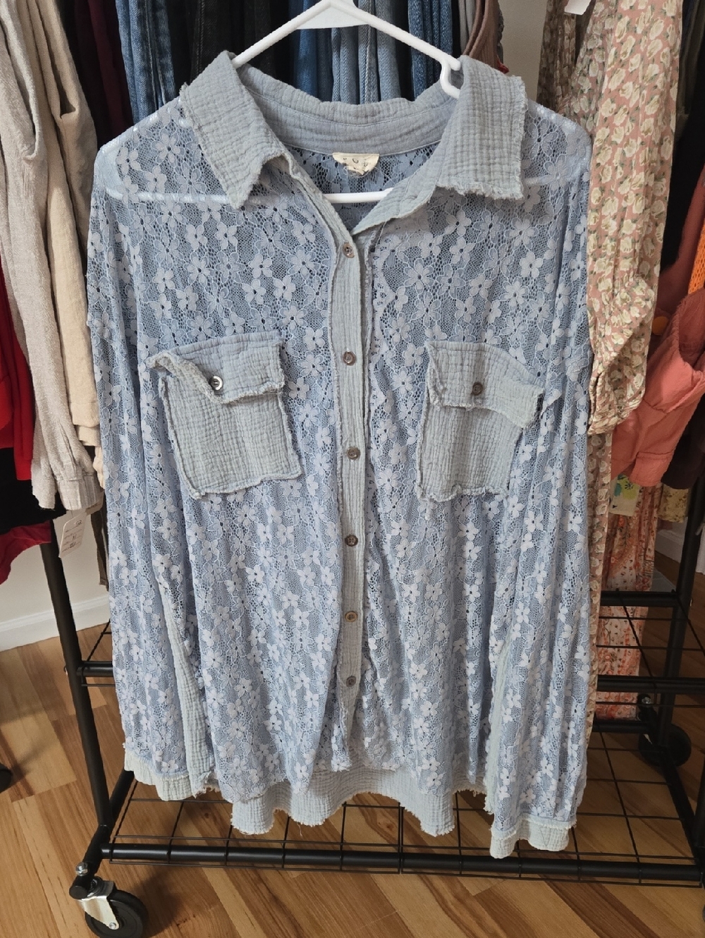 POL Blue Lace-Detail Button Shirt
